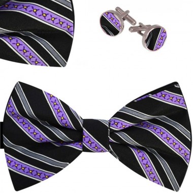 Set papion barbati, batista, butoni, negru, dungi mov